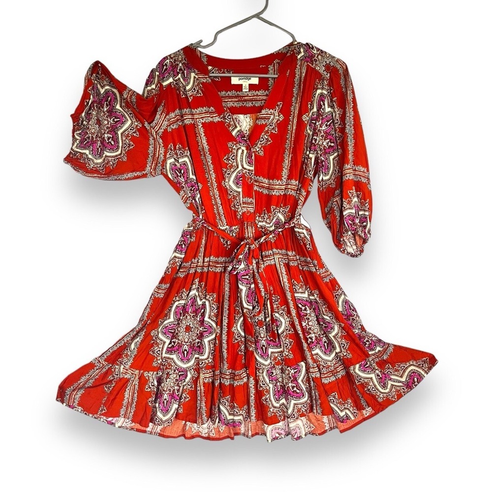Anthropologie Porridge Isabel Scarf Print Puff Sleeve Belted Mini Dress Size S